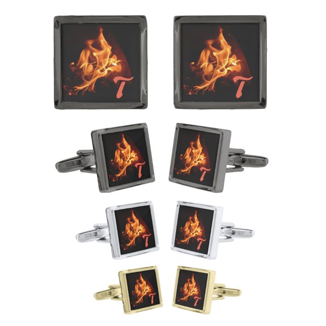 Burning Fire Flames Monogrammed Black Cufflinks (Creator Uploaded)