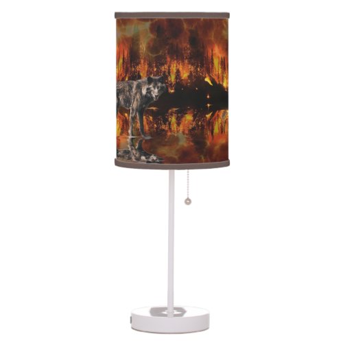 Burning Forest  Grey Wolf Survival Wildlife Art Table Lamp