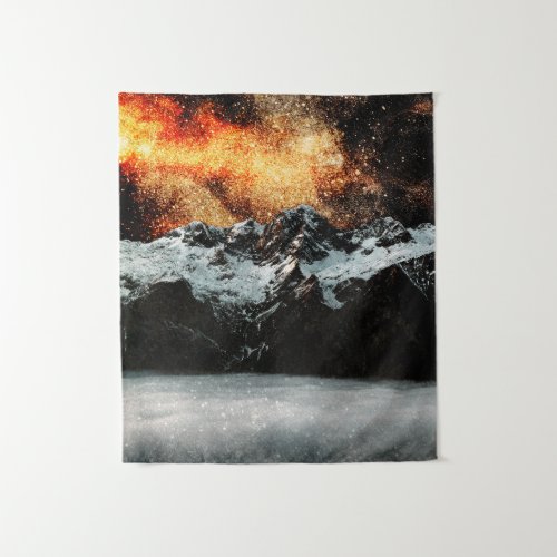 Burning galaxy above majestic mountains tapestry