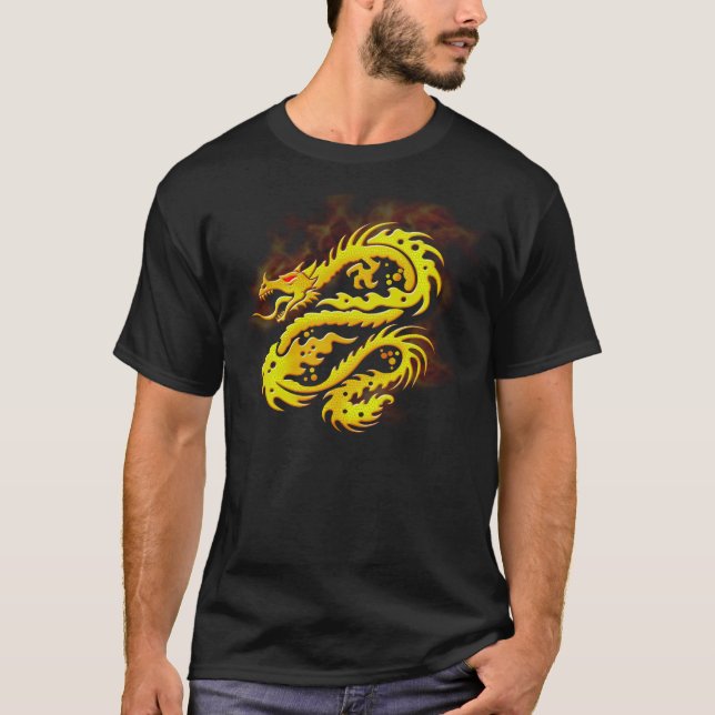 Burning Golden Dragon Art on Black T-Shirt (Front)