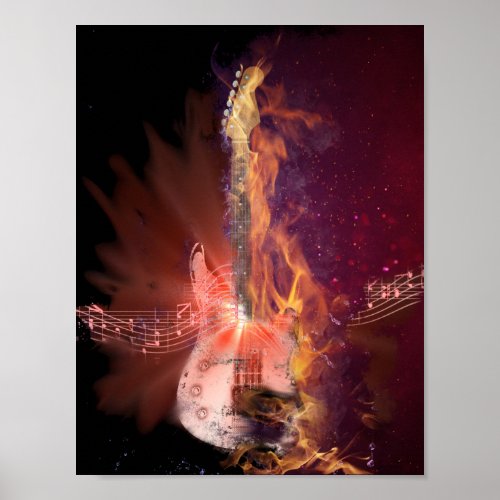 Burning Guitar and Musical Notes Picture Poster