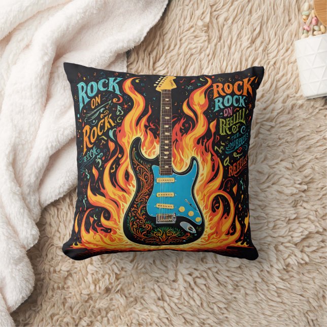 Burning guitar ignites the spirit of rock music throw pillow (Blanket)