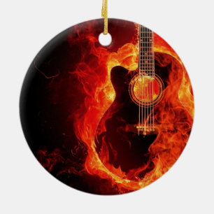 Burning Guitar, Orange Flames Music Rock Band Ceramic Ornament