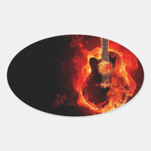 Burning Guitar, Orange Flames Music Rock Band Oval Sticker