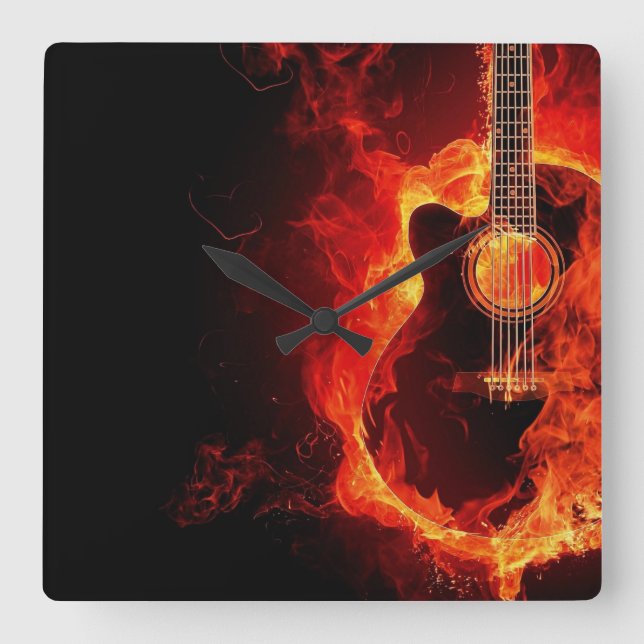 Burning Guitar, Orange Flames Music Rock Band Square Wall Clock (Front)