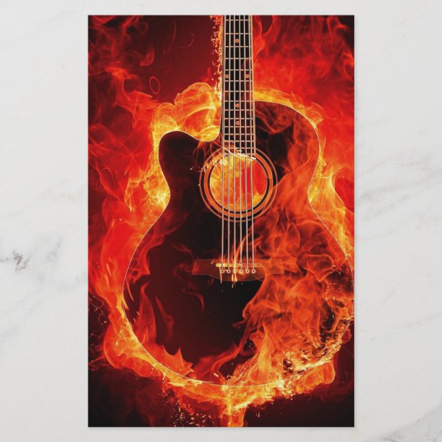 Burning Guitar, Orange Flames Music Rock Band Stationery (Front)