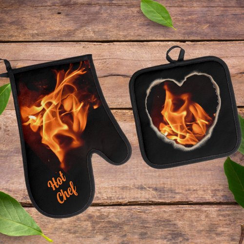 Burning Heart on Fire Hot Stuff Flames Oven Mitt  Pot Holder Set