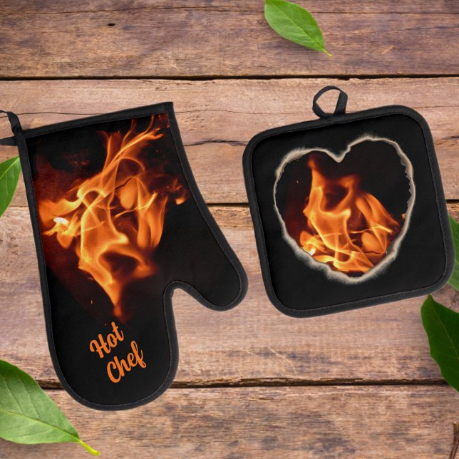Burning Heart on Fire Hot Stuff Flames Oven Mitt & Pot Holder Set (Creator Uploaded)