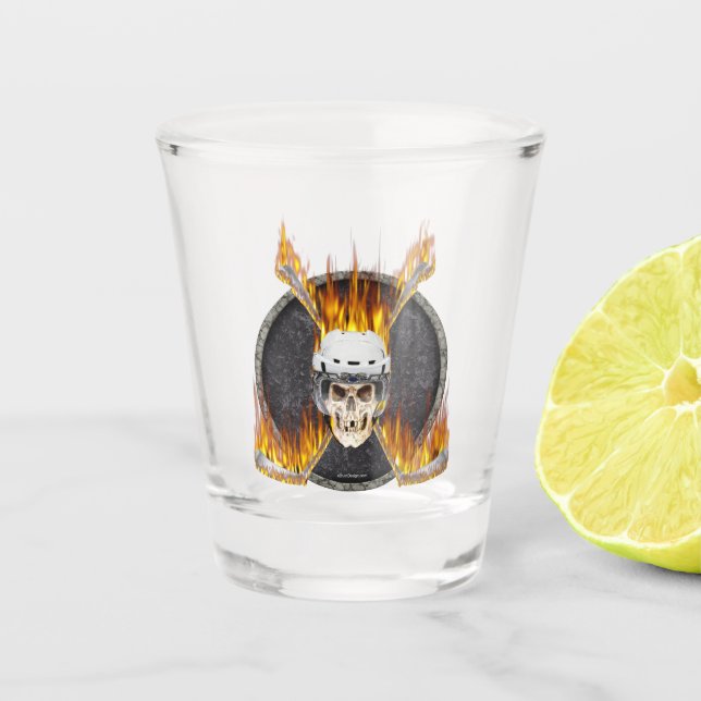 Burning Hockey Sticks Shot Glass (Front)
