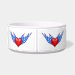 Burning ice blue flaming hearts bowl<br><div class="desc">Love series: Ice blue flames act as wings on each red heart in this great pet bowl design. 

image code: brnhrt</div>