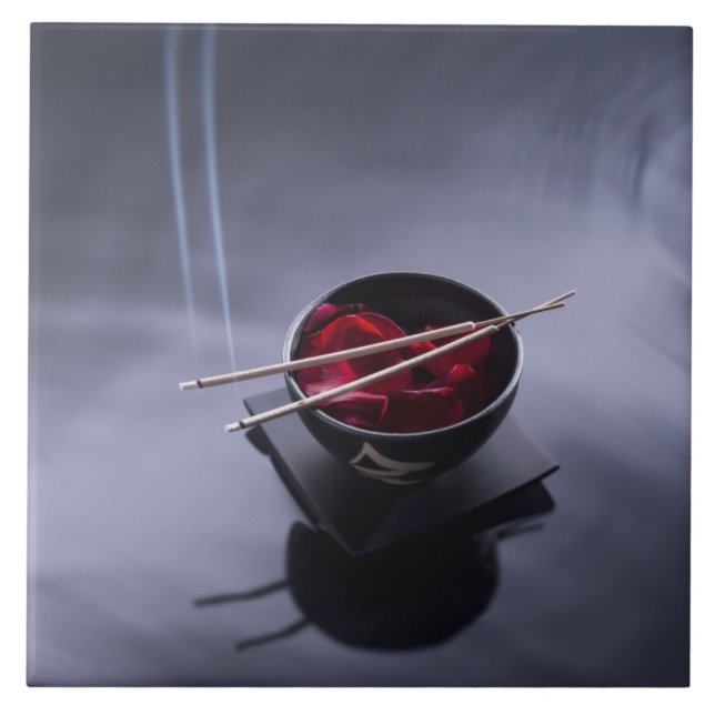 Burning incense on top of bowl of petals ceramic tile (Front)