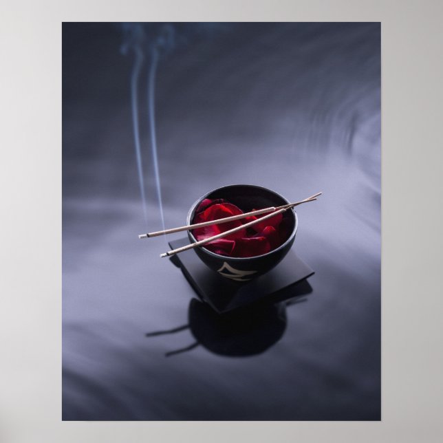 Burning incense on top of bowl of petals poster (Front)