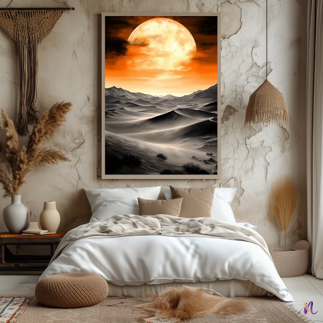 Burning Moon Over Desert Dunes – Monochrome  Poster (Creator Uploaded)