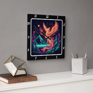 Burning Phoenix Over Snowy Summits Square Wall Clock