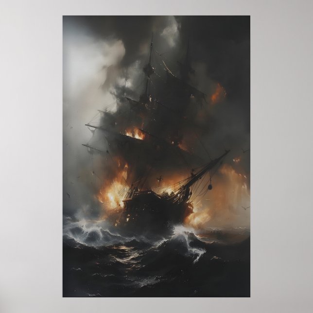 Burning Pirate Ship in Stormy Ocean – Gothic Poster (Front)