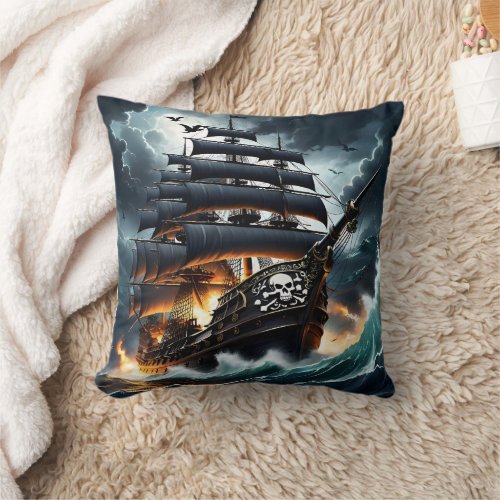 Burning Pirate Ship in Stormy Seas at Dusk Throw Pillow