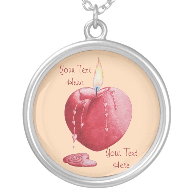burning red candle with heart shaped flame of love silver plated necklace (Front)