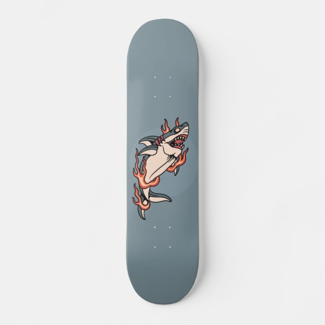 Burning Shark Flaming Tattoo Style Illustration Skateboard (Front)