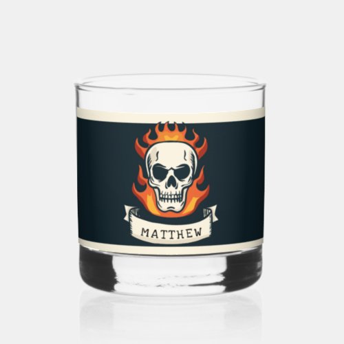 Burning skull personalized with name whiskey glass