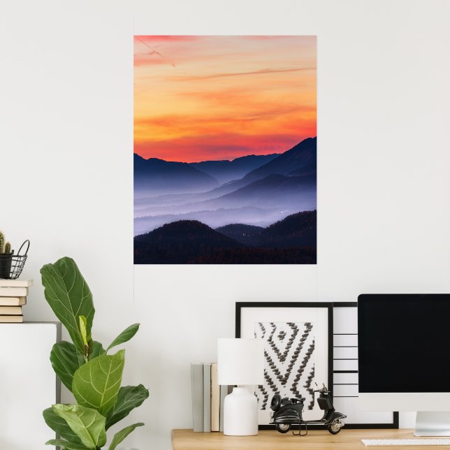 Burning sunset and fog in valley poster (Home Office)