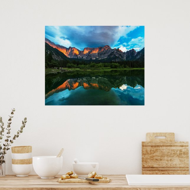 Burning sunset over the mountains at lake Fusine, Poster (Kitchen)
