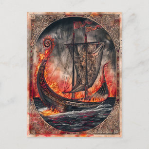 Burning Viking Ship in Burial Ritual Holiday Postcard