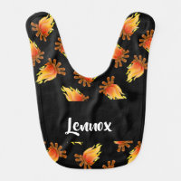 Burning wood pattern on black baby bib