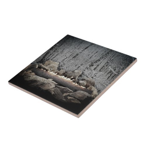 Burning Yule Log in a Snowy Forest Ceramic Tile