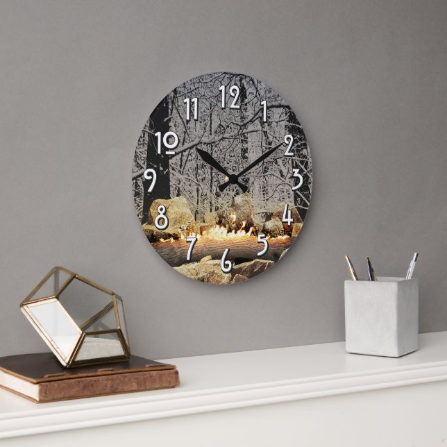 Burning Yule Log in Winter Forest Large Clock (Office)