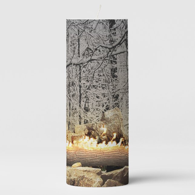 Burning Yule Log Pillar Candle (Front)