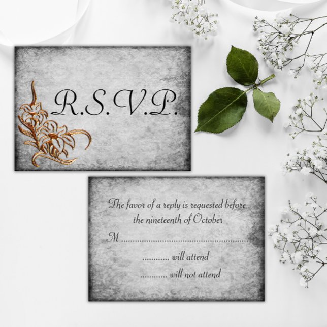Burnished Gold on Antique Grey Wedding RSVP Card (Creator Uploaded)