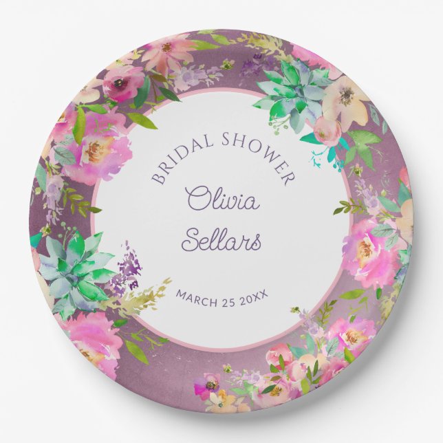 Burnished Lavender English Garden Bridal Shower Paper Plates (Front)