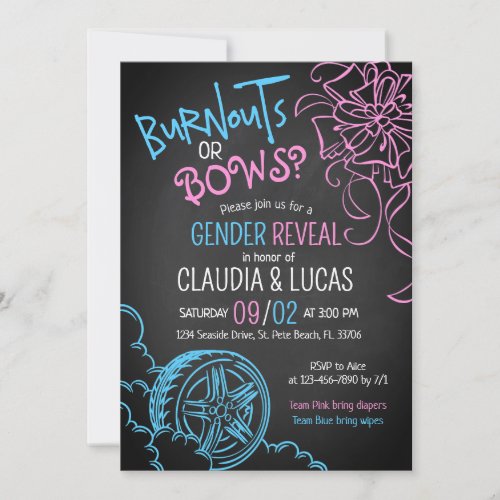 Burnouts Bows Gender Reveal Invitation