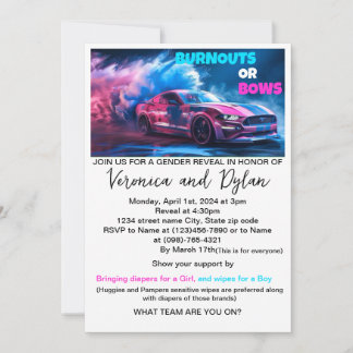 Burnouts or Bows Gender Reveal Invitation