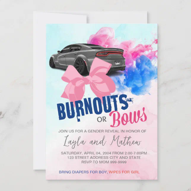 Burnouts or Bows Gender Reveal Invitation Zazzle
