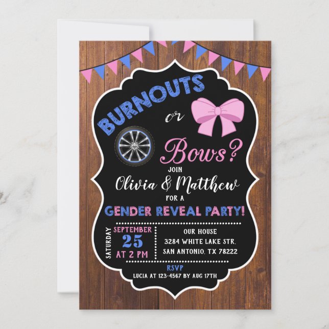Burnouts or bows gender reveal invitation (Front)