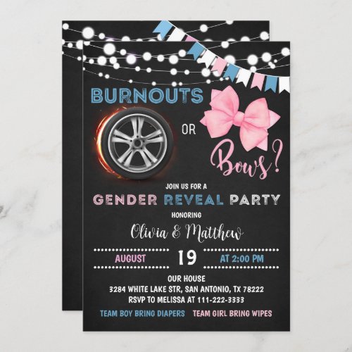 Burnouts or bows Gender Reveal Party Invitation