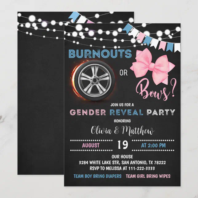 Burnouts or bows Gender Reveal Party Invitation Zazzle
