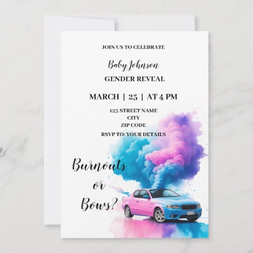 Burnouts or bows themed gender reveal invitation