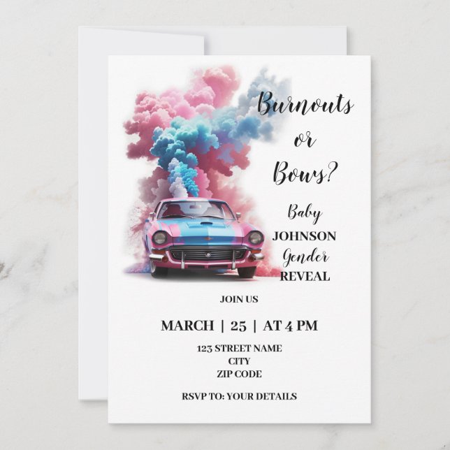 Burnouts or bows themed gender reveal invitation (Front)