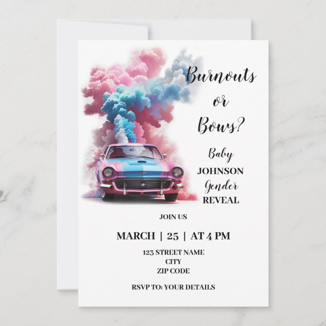 Burnouts themed gender reveal invitation (Front)
