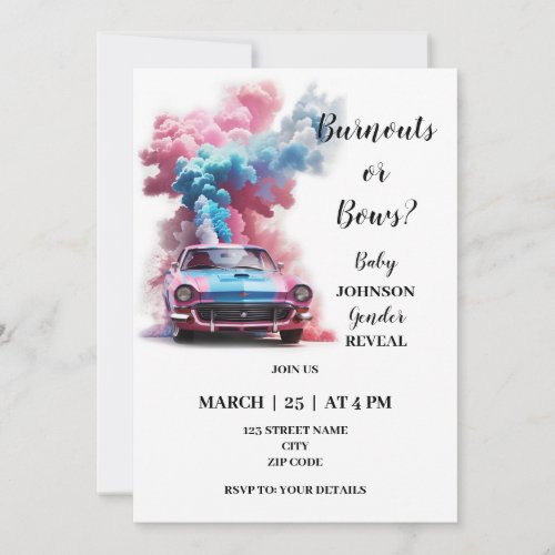 Burnouts themed gender reveal invitation