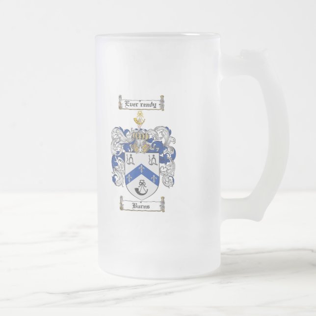 BURNS FAMILY CREST -  BURNS COAT OF ARMS FROSTED GLASS BEER MUG (Right)