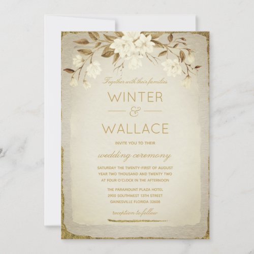 Burnt Almond  Gold Magnolia Wedding Invitation