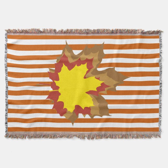 Burnt Autumnal Stripes with Leaves Throw Blanket (Front)