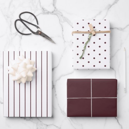 Burnt Burgundy Polka Dot and Striped and Solid Wrapping Paper Sheets