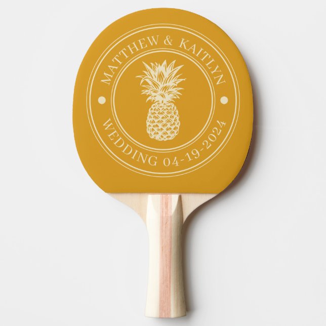 Burnt Buttercup Pineapple Wedding Crest & Names Ping Pong Paddle (Front)