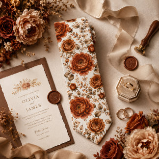 Burnt Copper Peony & Rose Wedding Floral Neck Tie