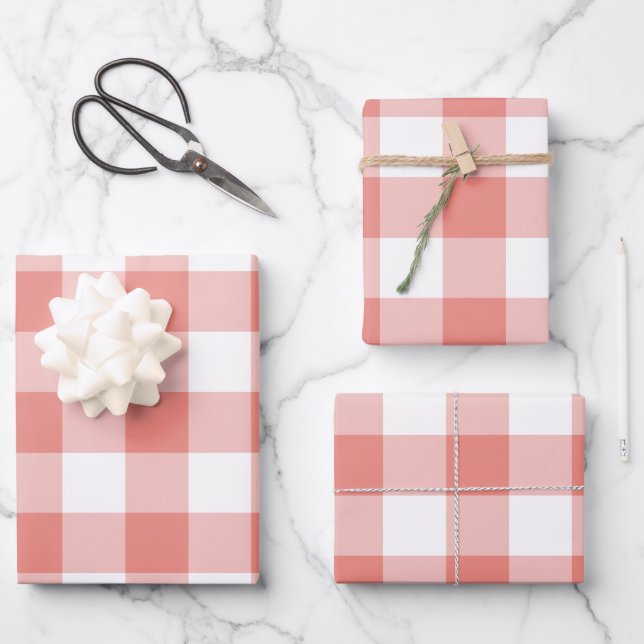 Burnt Coral Gingham Check Plaid Wrapping Paper Sheets (Front)