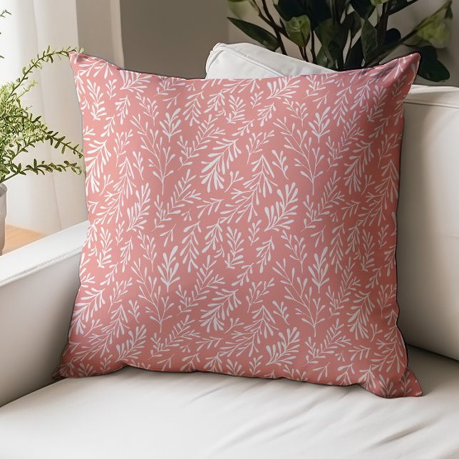 Burnt Coral Whimsical Foliage Pattern Throw Pillow (Creator Uploaded)